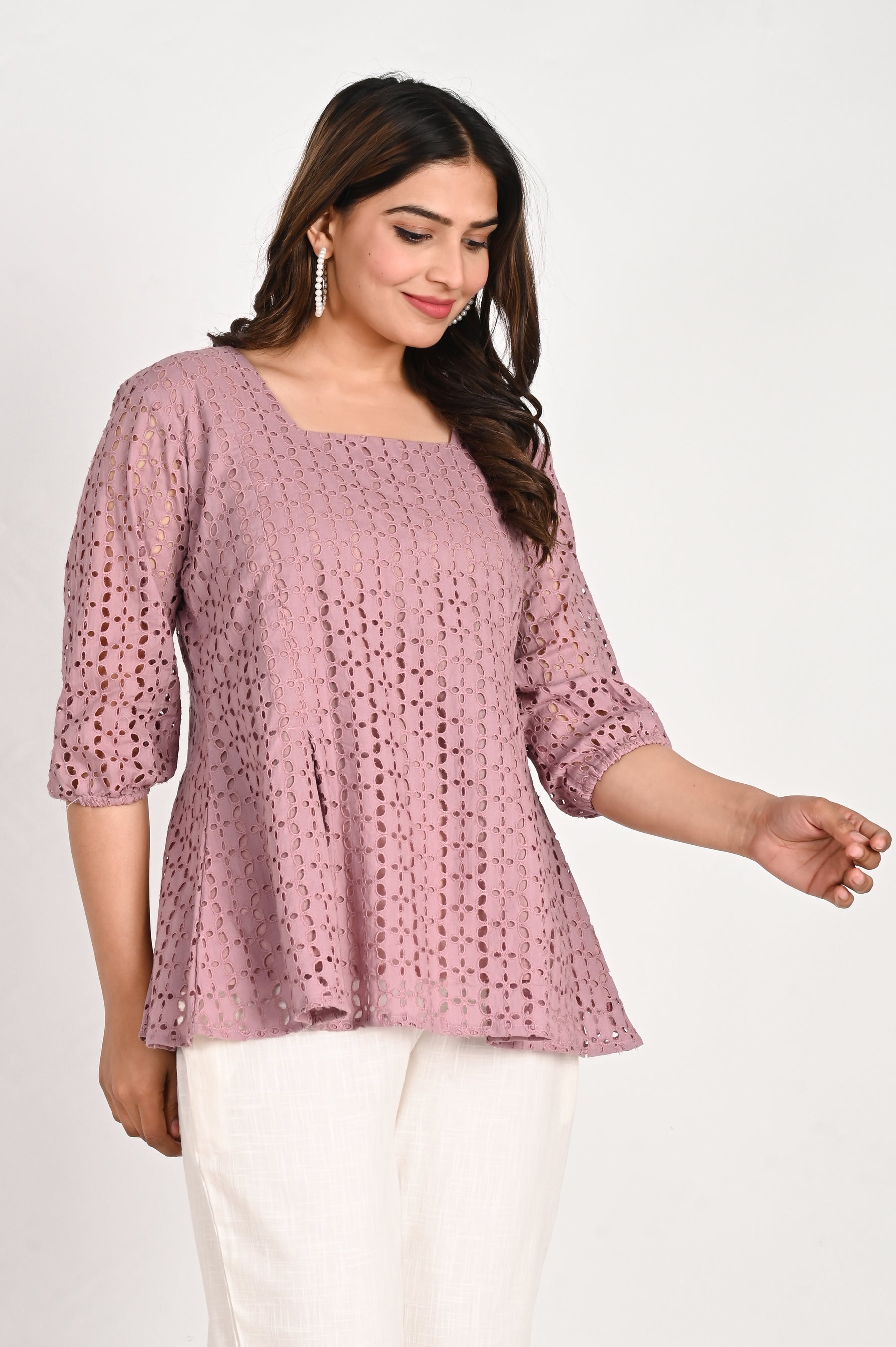 Purple square neck schiffli Top