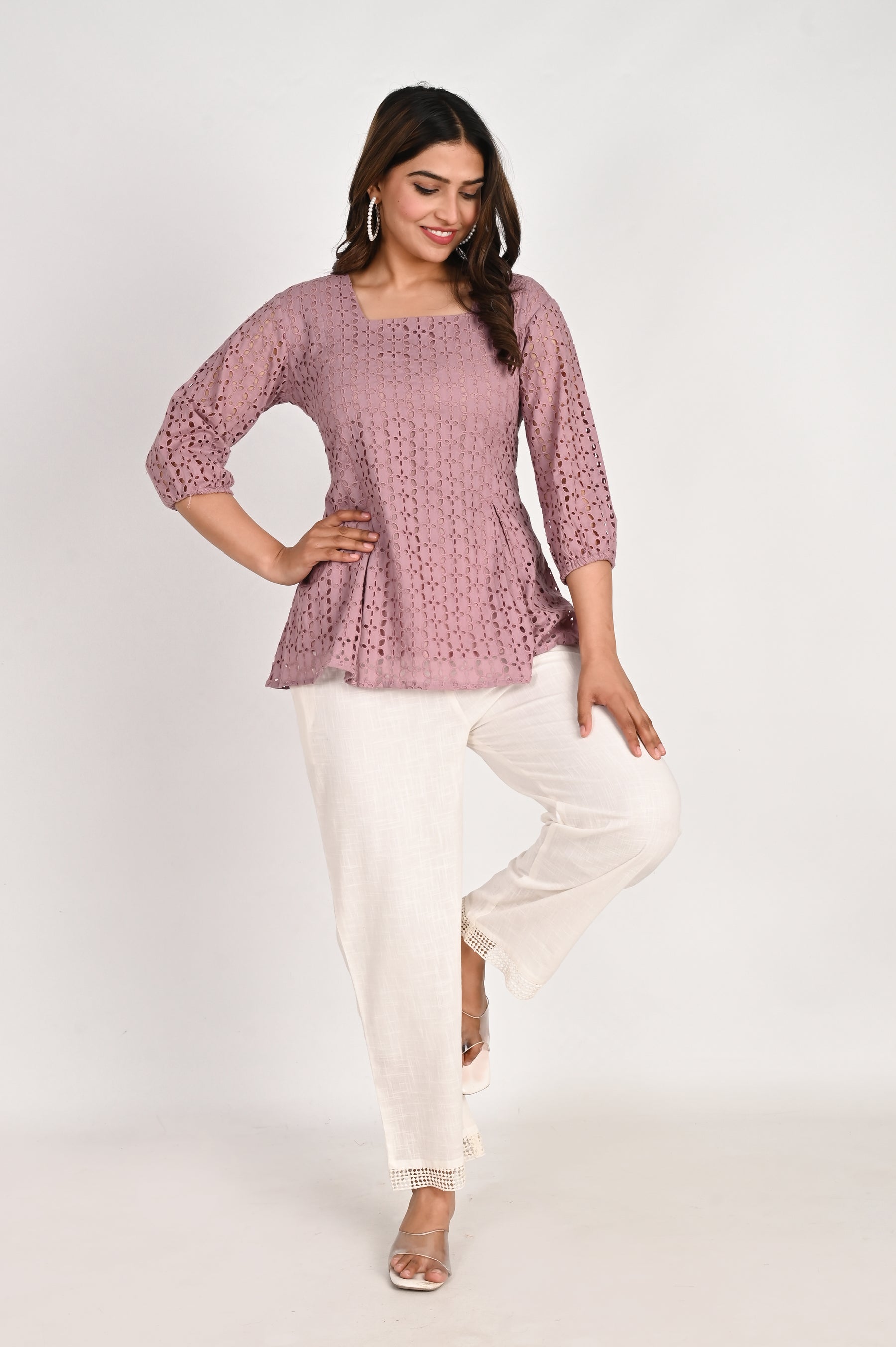 Purple square neck schiffli Top