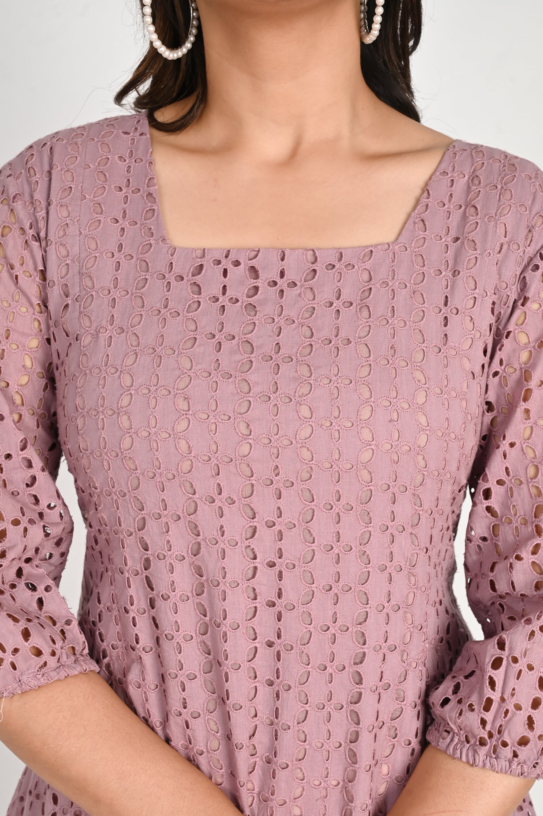 Purple square neck schiffli Top