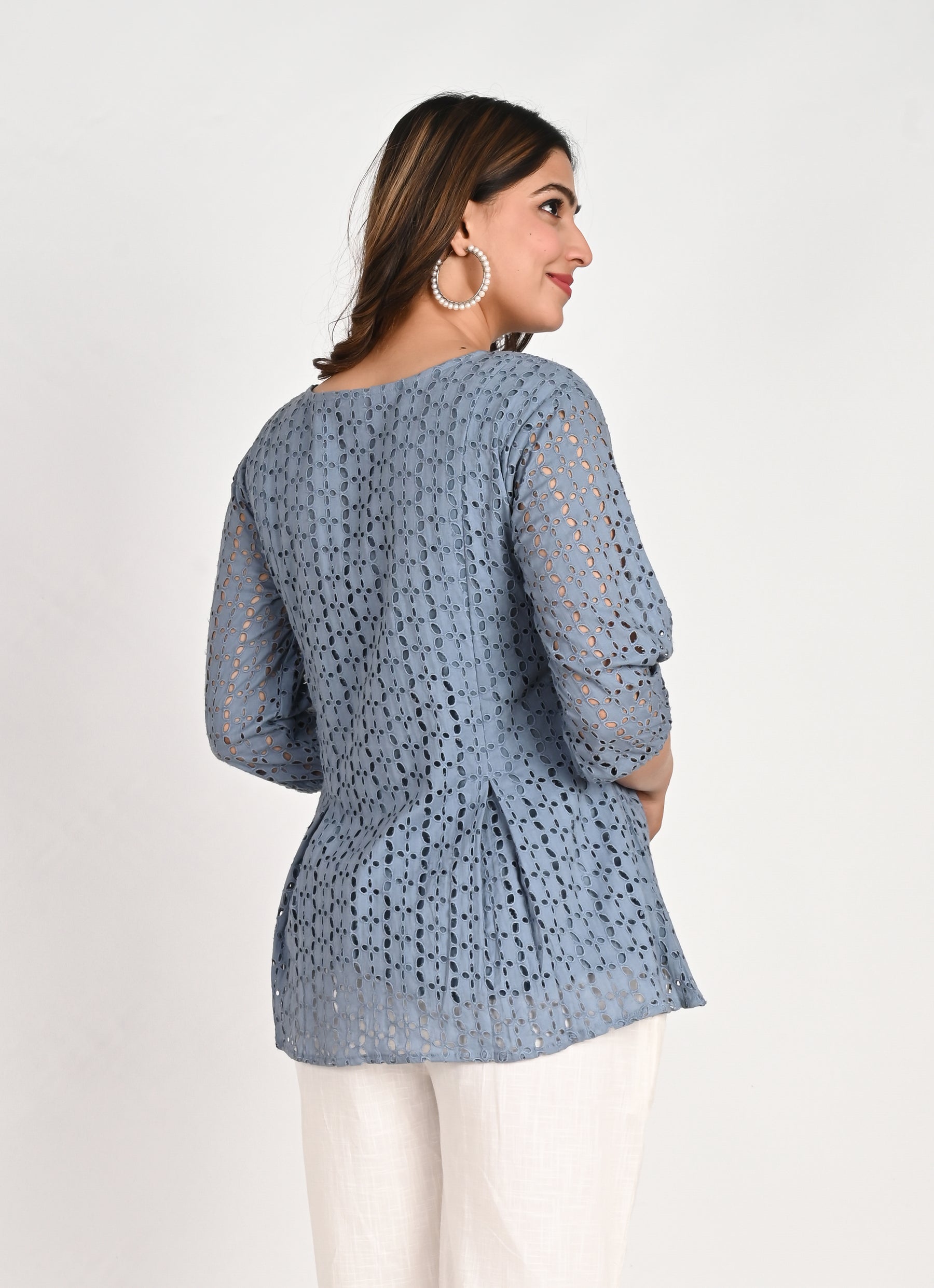 Blue square neck schiffli Top