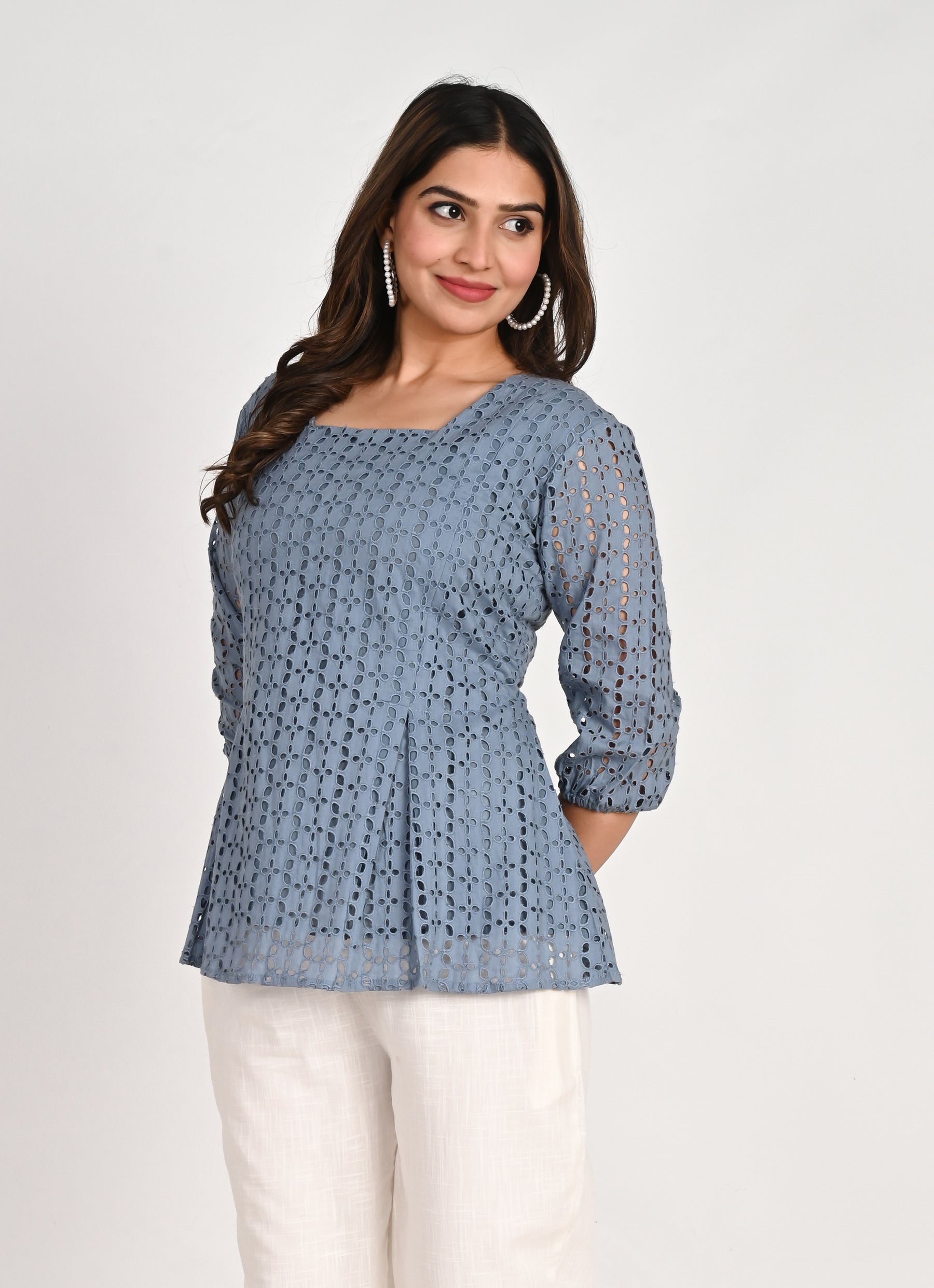 Blue square neck schiffli Top