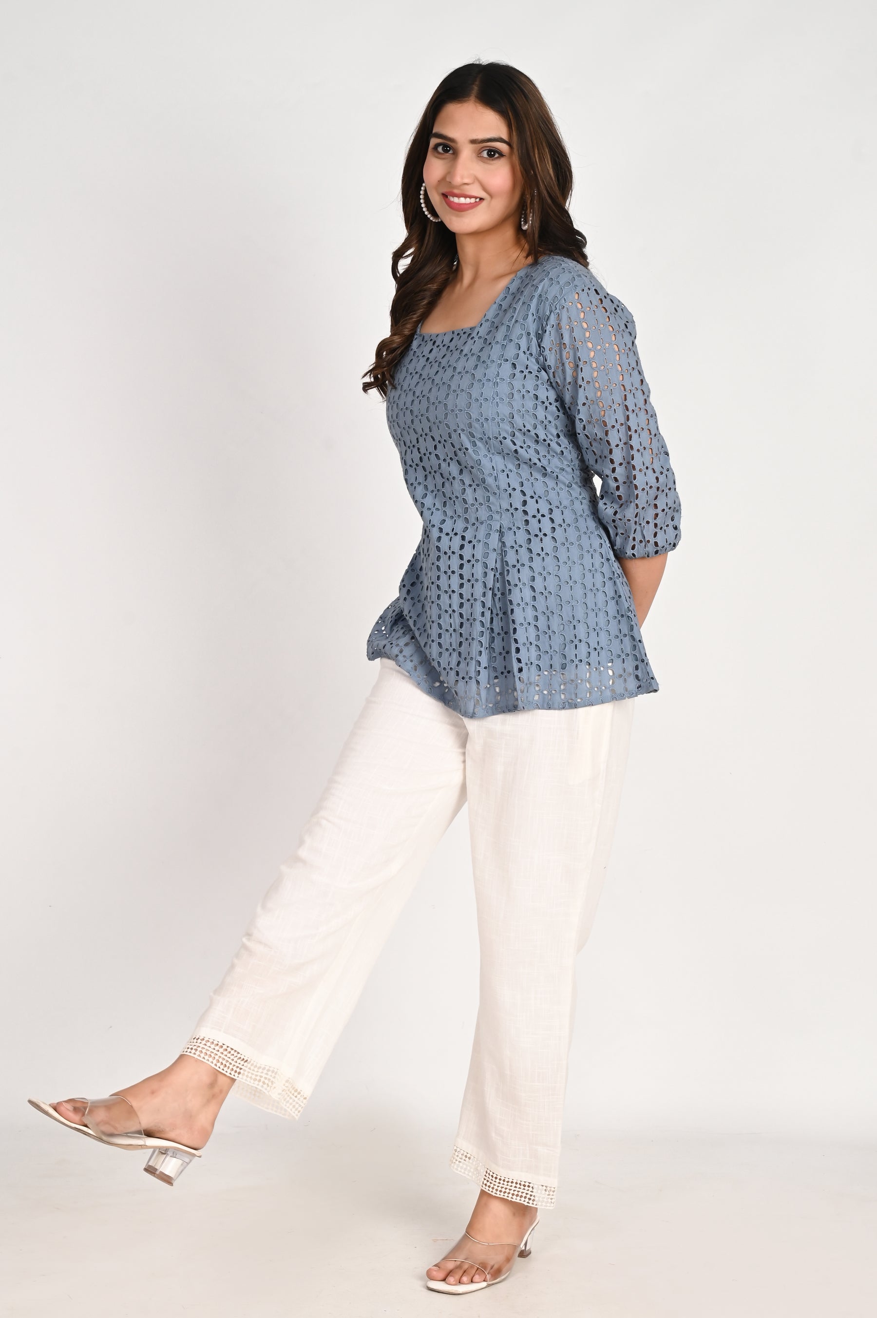 Blue square neck schiffli Top