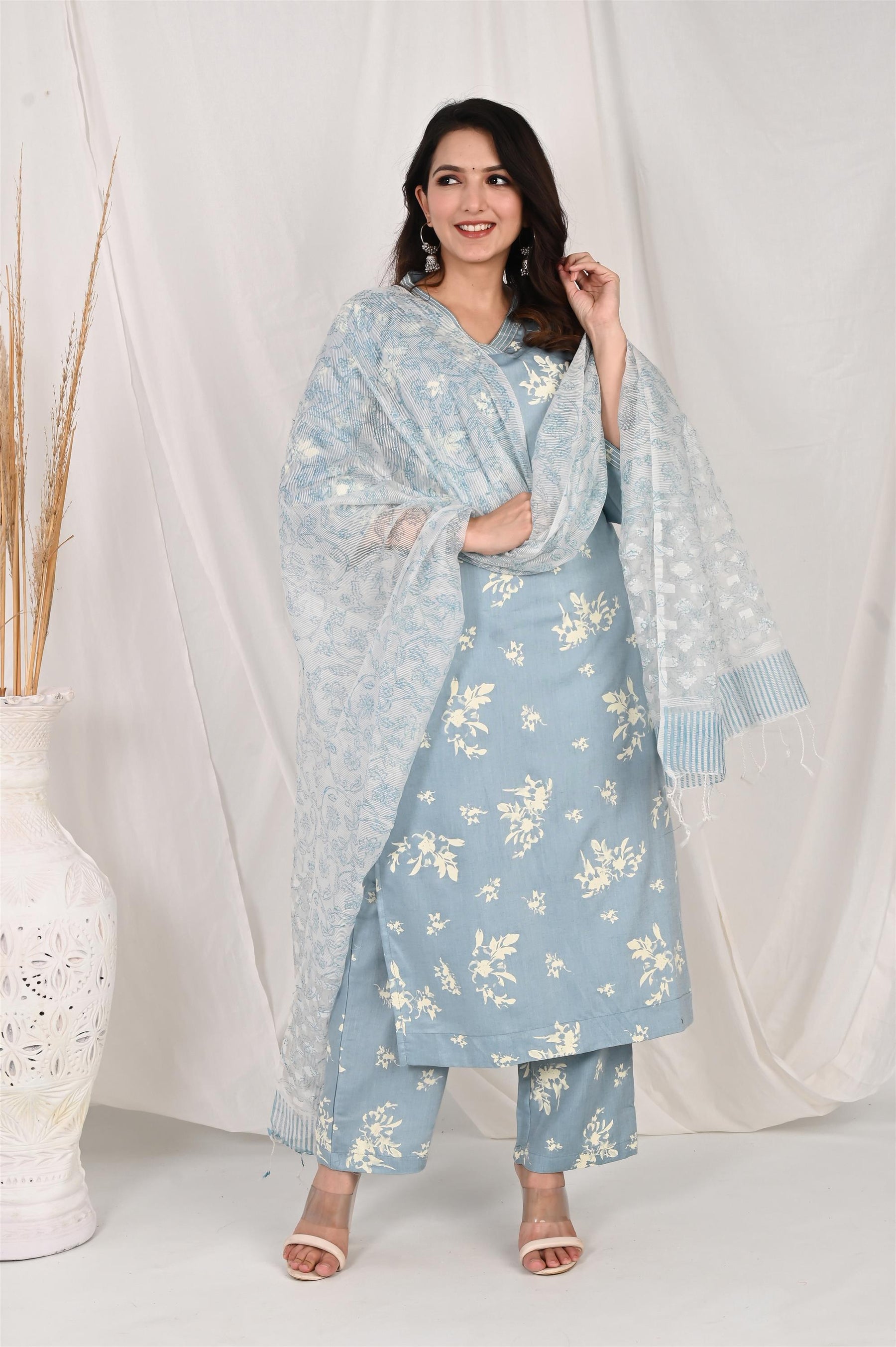 Blue Floral Printed Kurta Set with Kota Doriya Dupatta