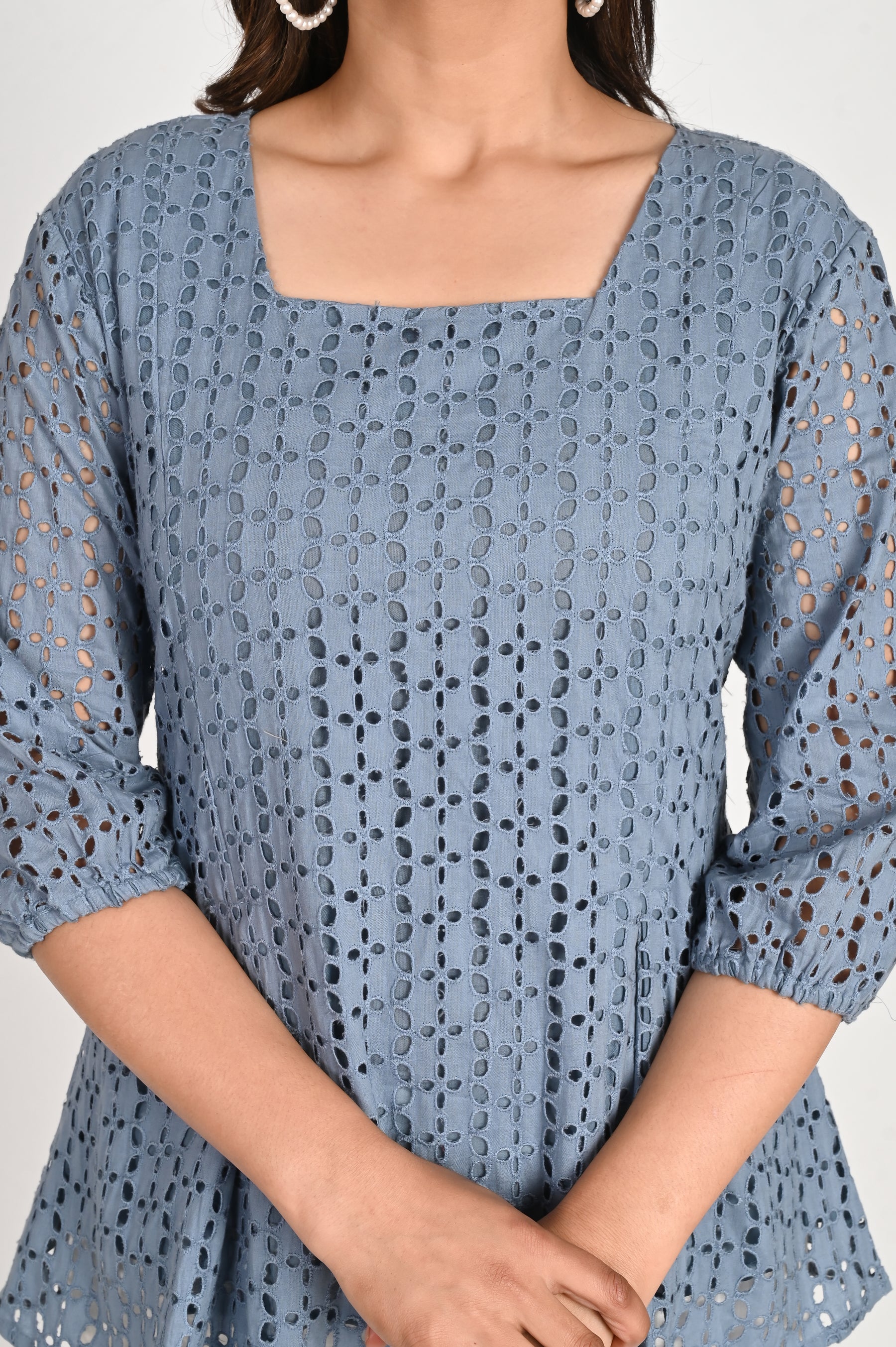 Blue square neck schiffli Top