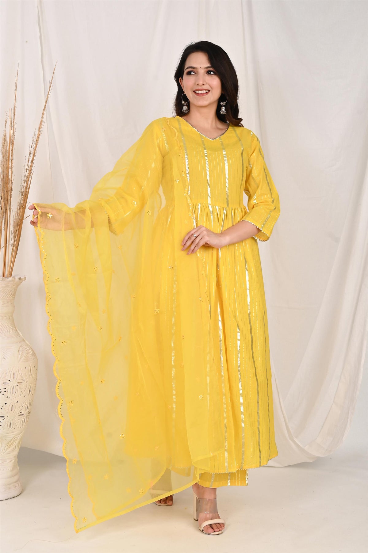 Yellow Flared Kurta Set with Organza Dupatta