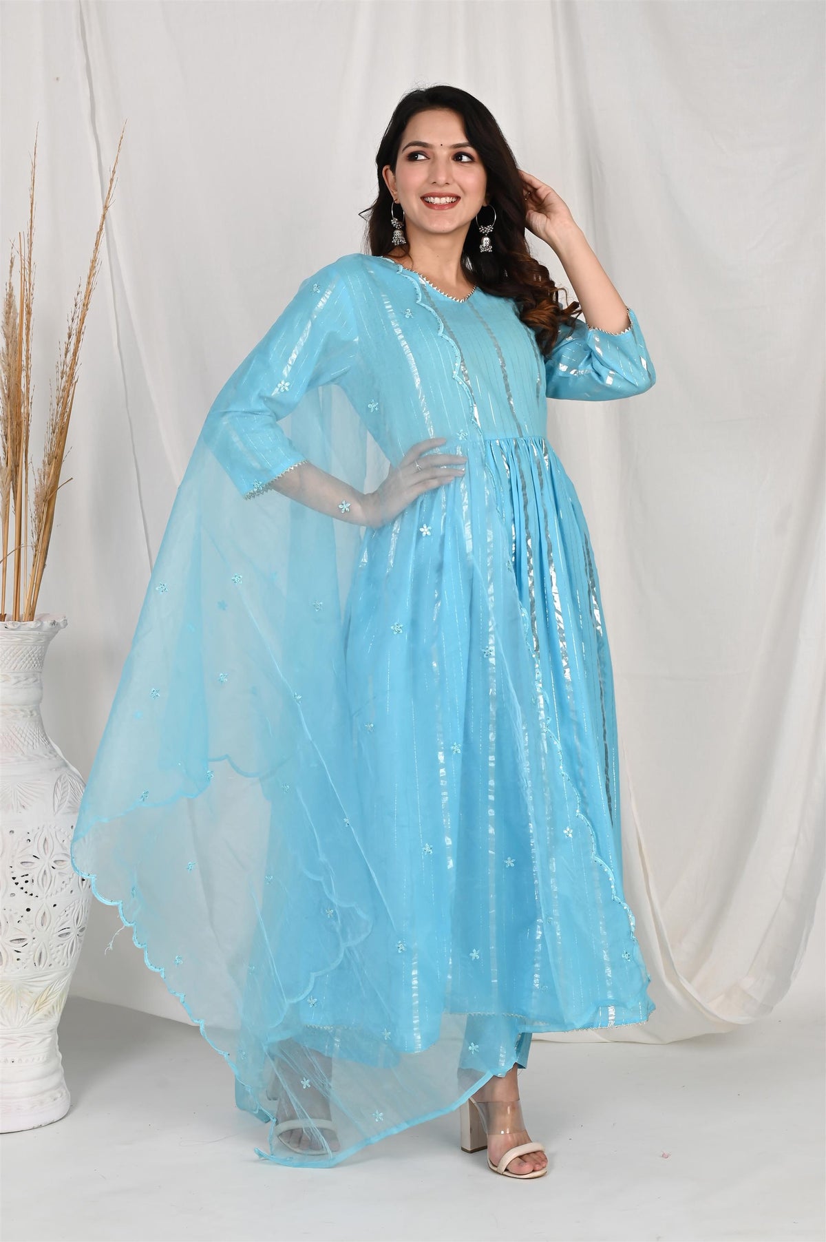 Blue Flared Kurta Set with Organza Dupatta
