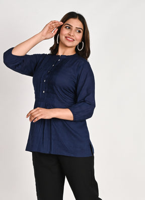 Cotton Navy Blue Pleated Top