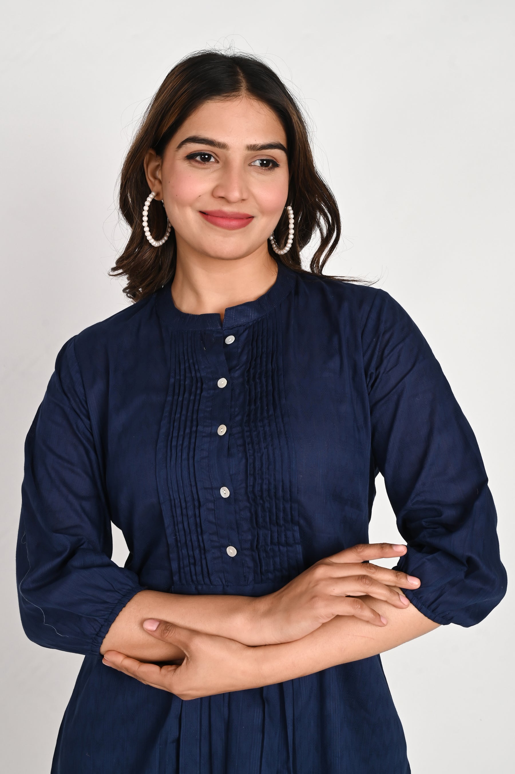 Cotton Navy Blue Pleated Top