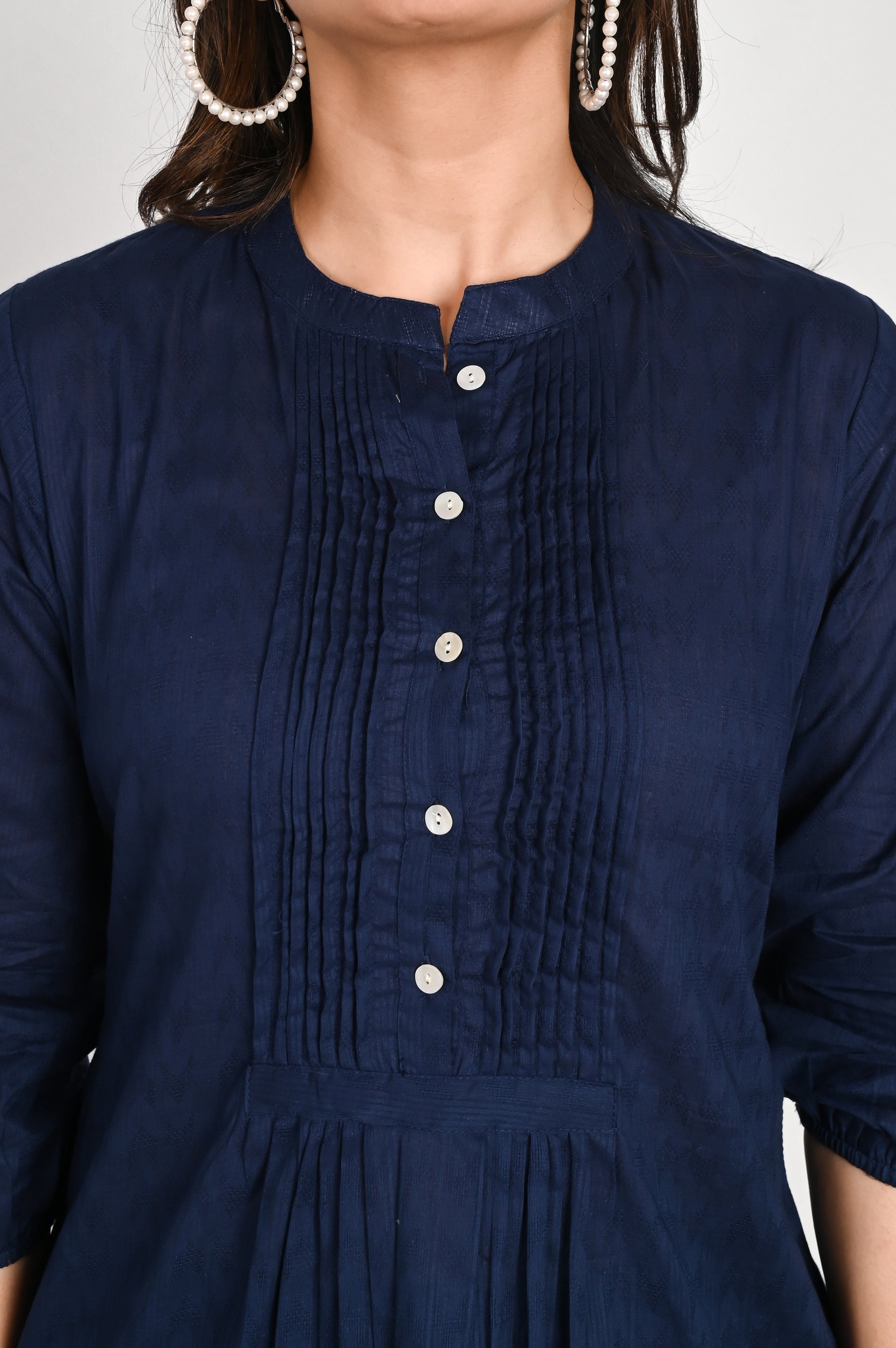 Cotton Navy Blue Pleated Top