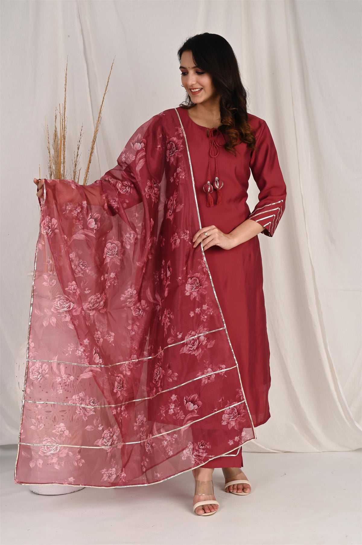 Maroon Muslin Kurta Set with Organza Dupatta
