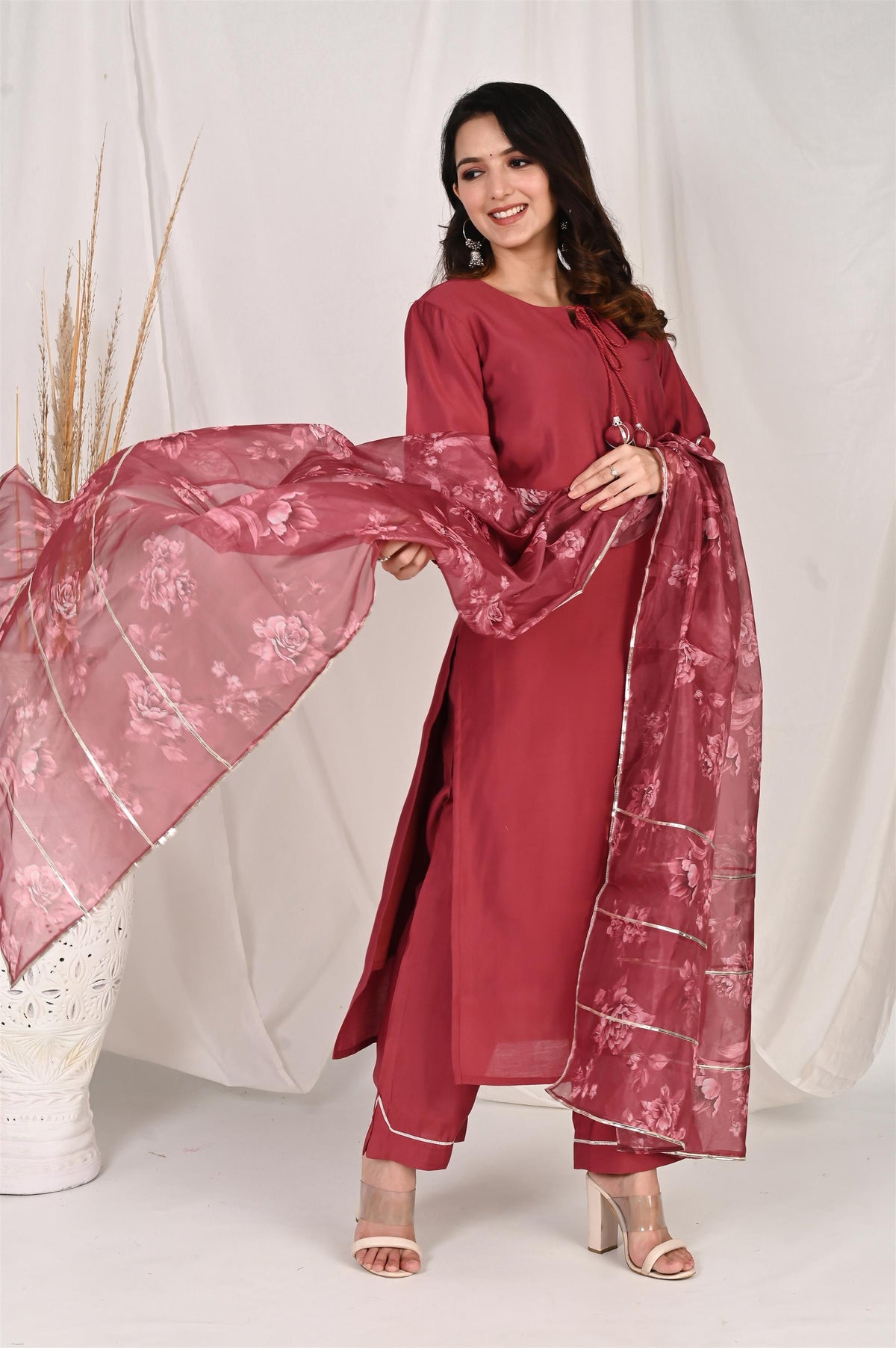 Maroon Muslin Kurta Set with Organza Dupatta