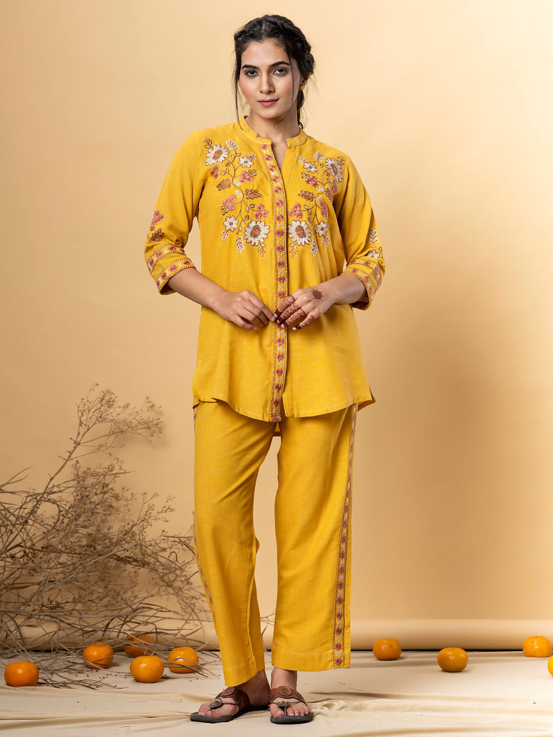 Mustard cotton flex thread embroidered co-ord set