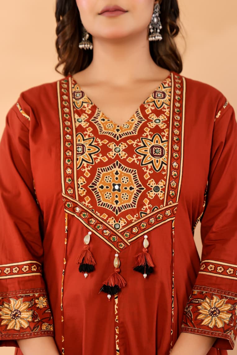 Orange Cotton Anarkali Kurta Set with Printed Dupatta