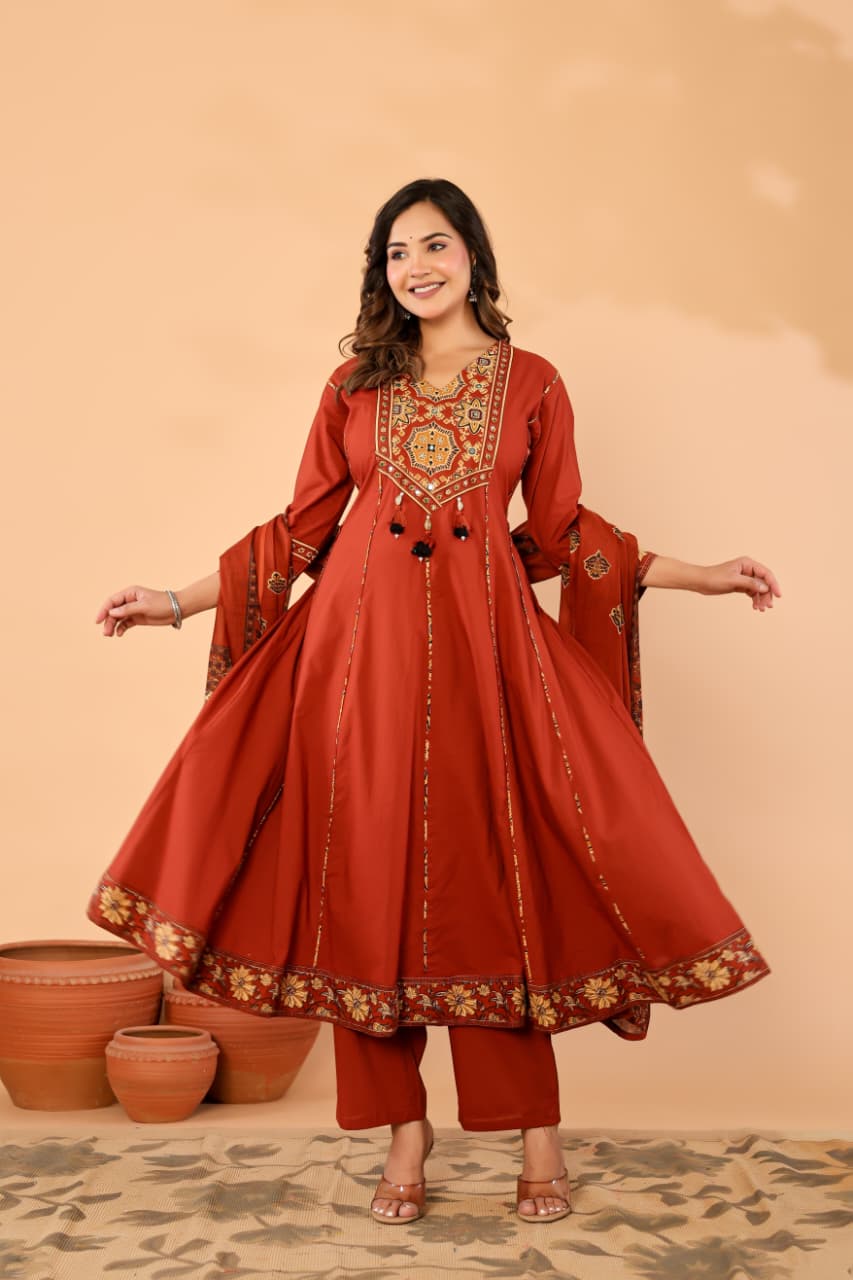 Orange Cotton Anarkali Kurta Set with Printed Dupatta