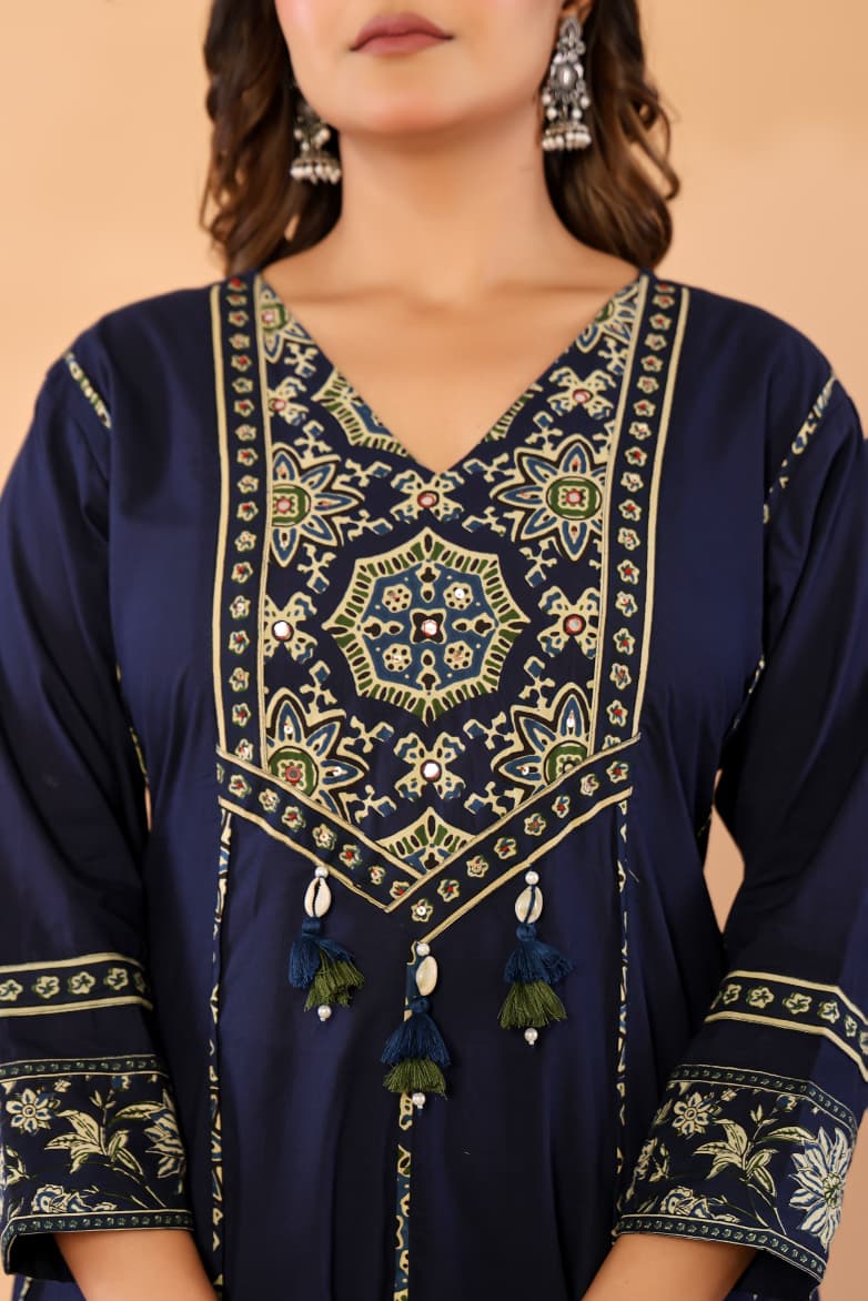 Navy Blue Cotton Anarkali Kurta Set with Printed Dupatta