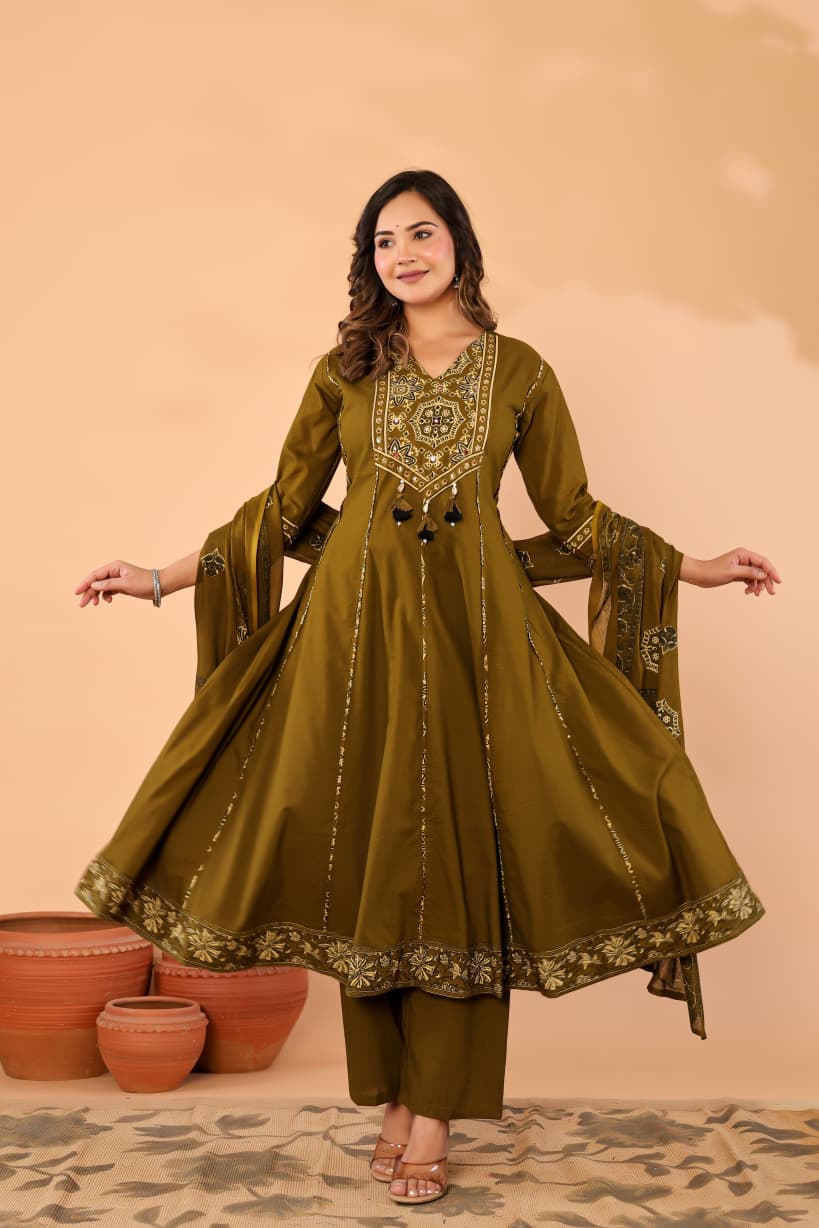 Green Cotton Anarkali Kurta Set with Printed Dupatta