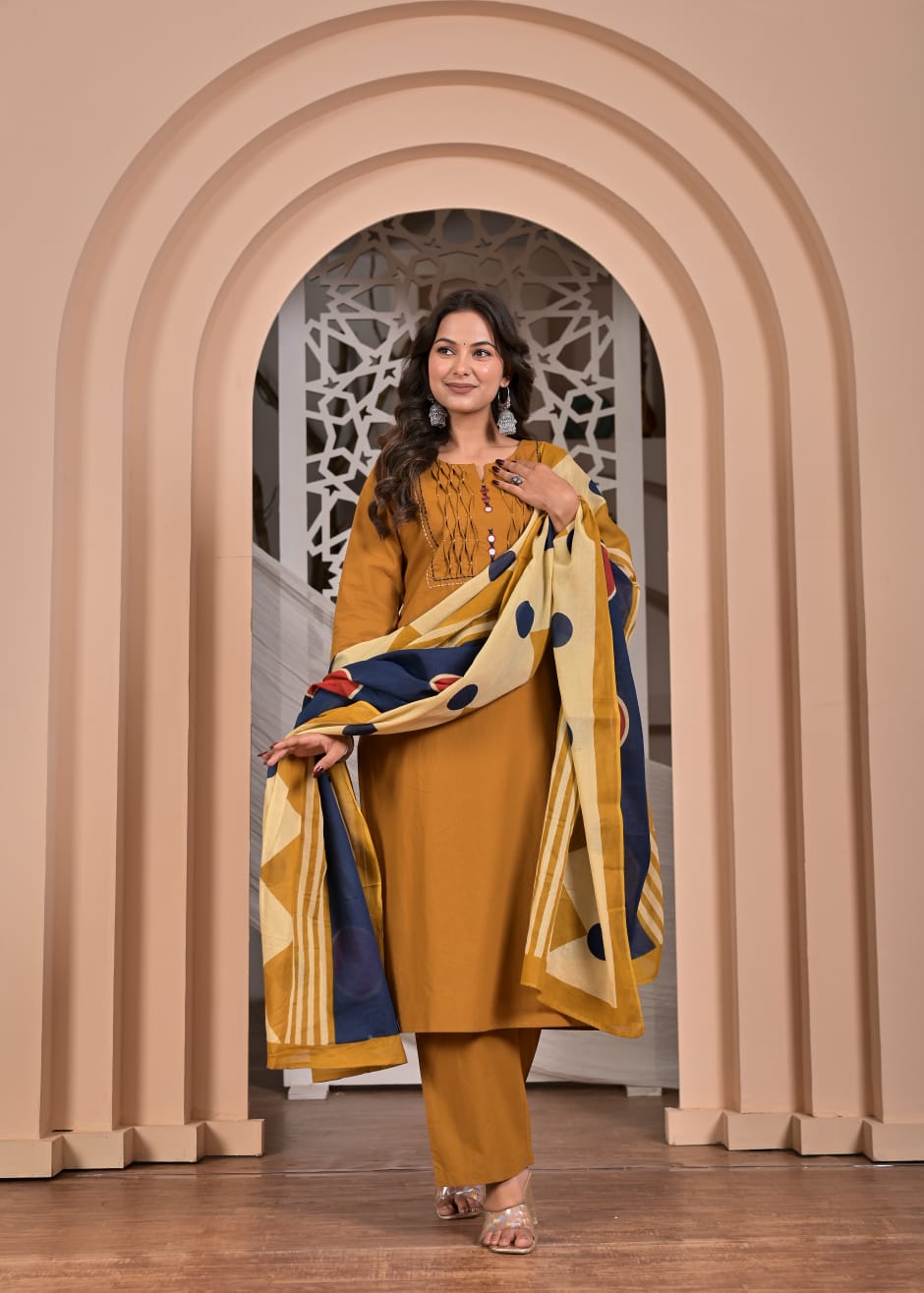 Mustard Cotton Straight Kurta Set with Geometric Printed Dupatta