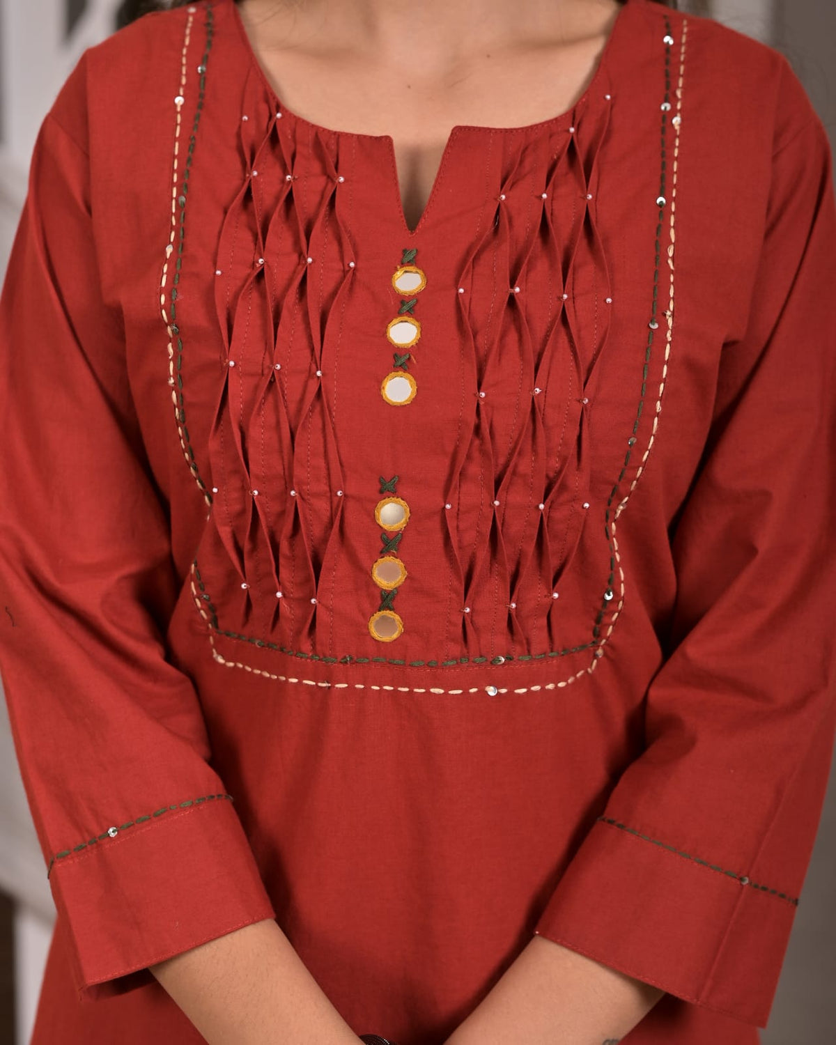 Red Cotton Straight Kurta Set with Geometric Printed Dupatta