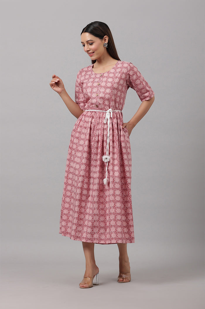 Peach Block Printed A-Line Dress