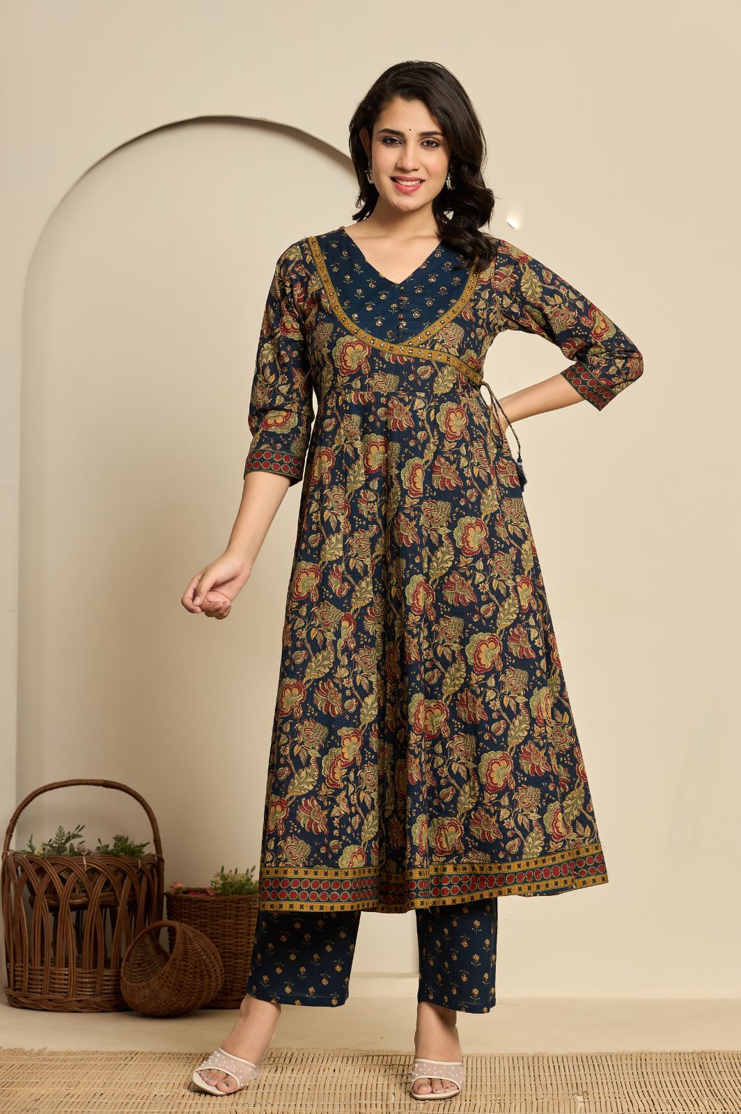 Navy blue cotton printed anarkali kurta set