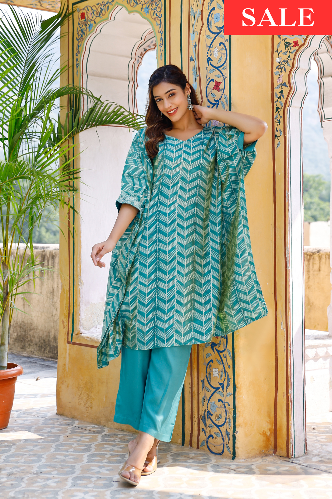 Green Silk Blend Printed Kaftaan Kurta Set