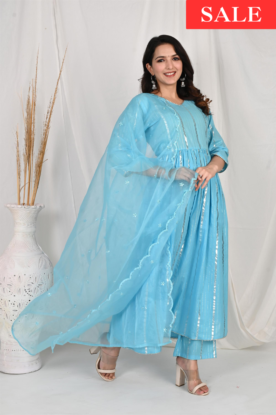Blue Flared Kurta Set with Organza Dupatta