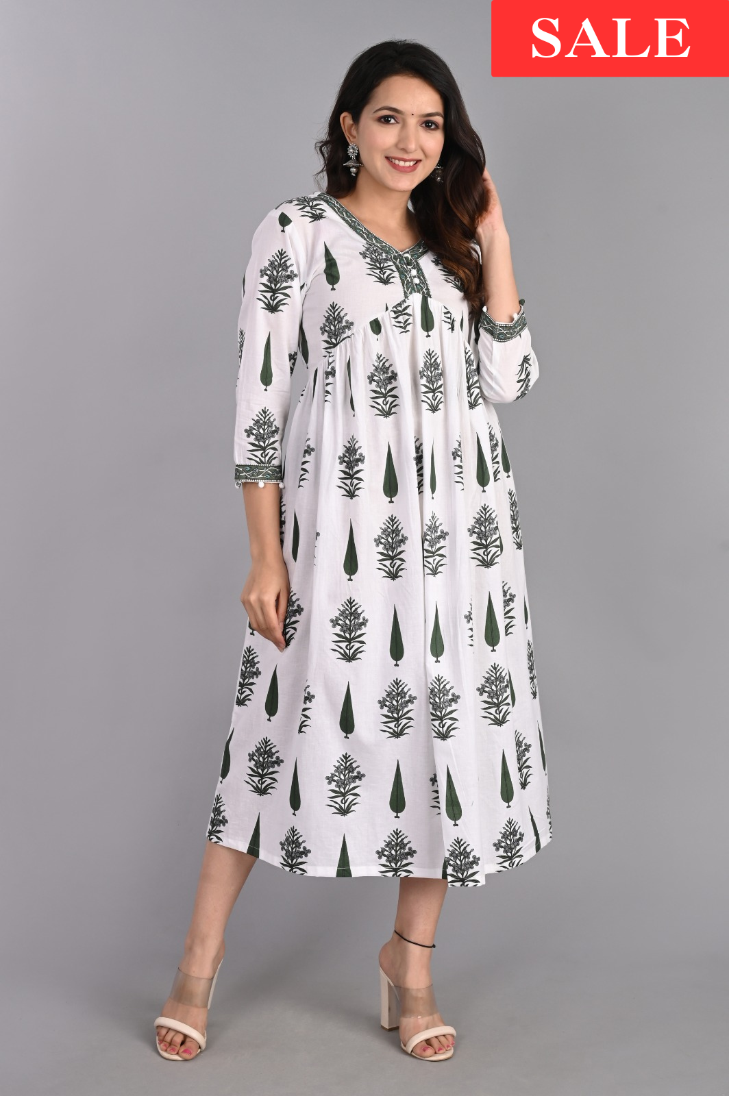 Floral Gathered Green A-Line Dress
