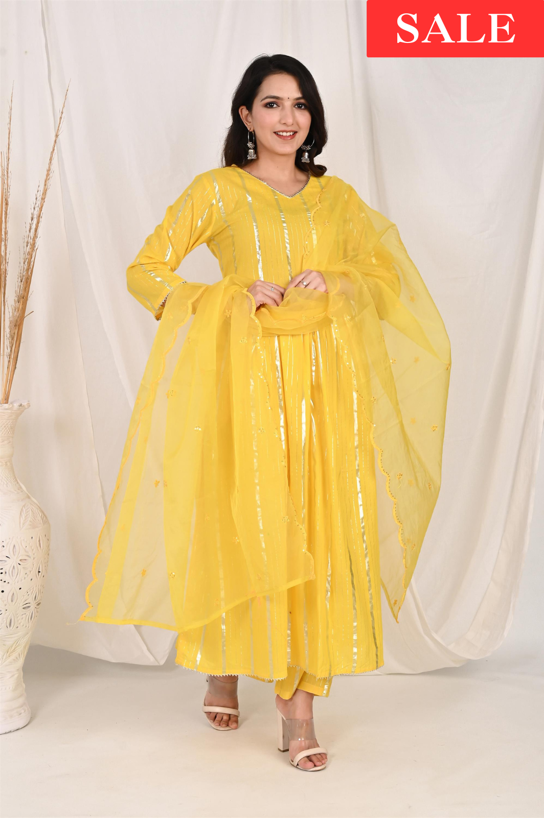 Yellow Flared Kurta Set with Organza Dupatta