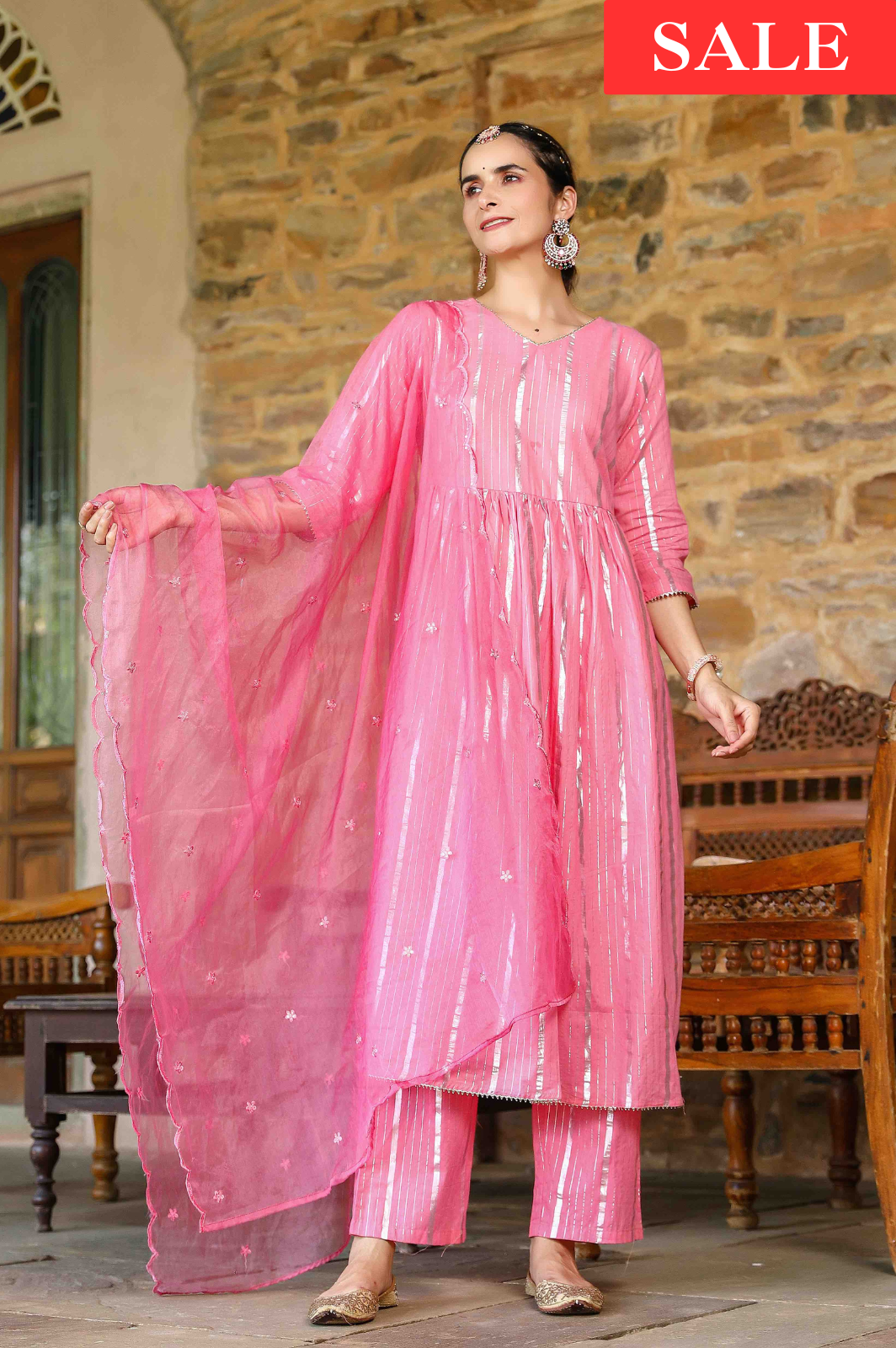 Pink Flared Kurta Set with Organza Dupatta