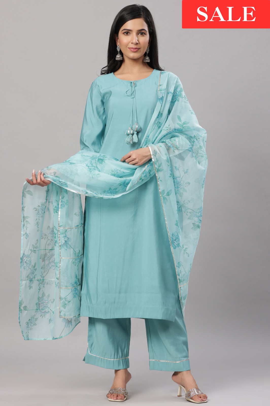 Blue Muslin Gota Work Kurta Set with Organza Dupatta