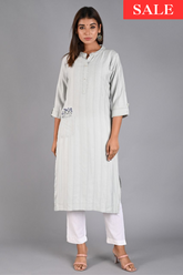 Grey Straight Kurta with Embroidered Pocket