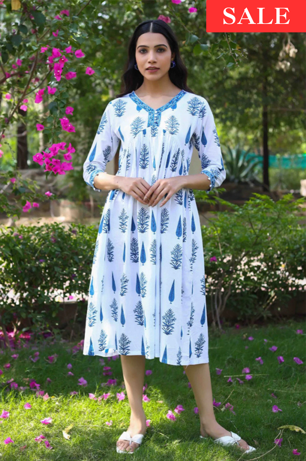 Floral Gathered Blue A-Line Dress