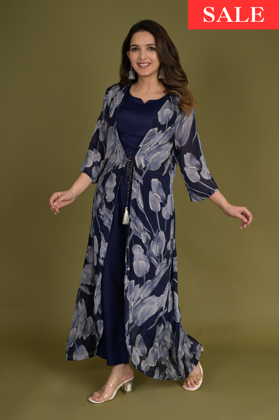 Blue Crop Top with Pants and Floral Printed Chinon Shrug