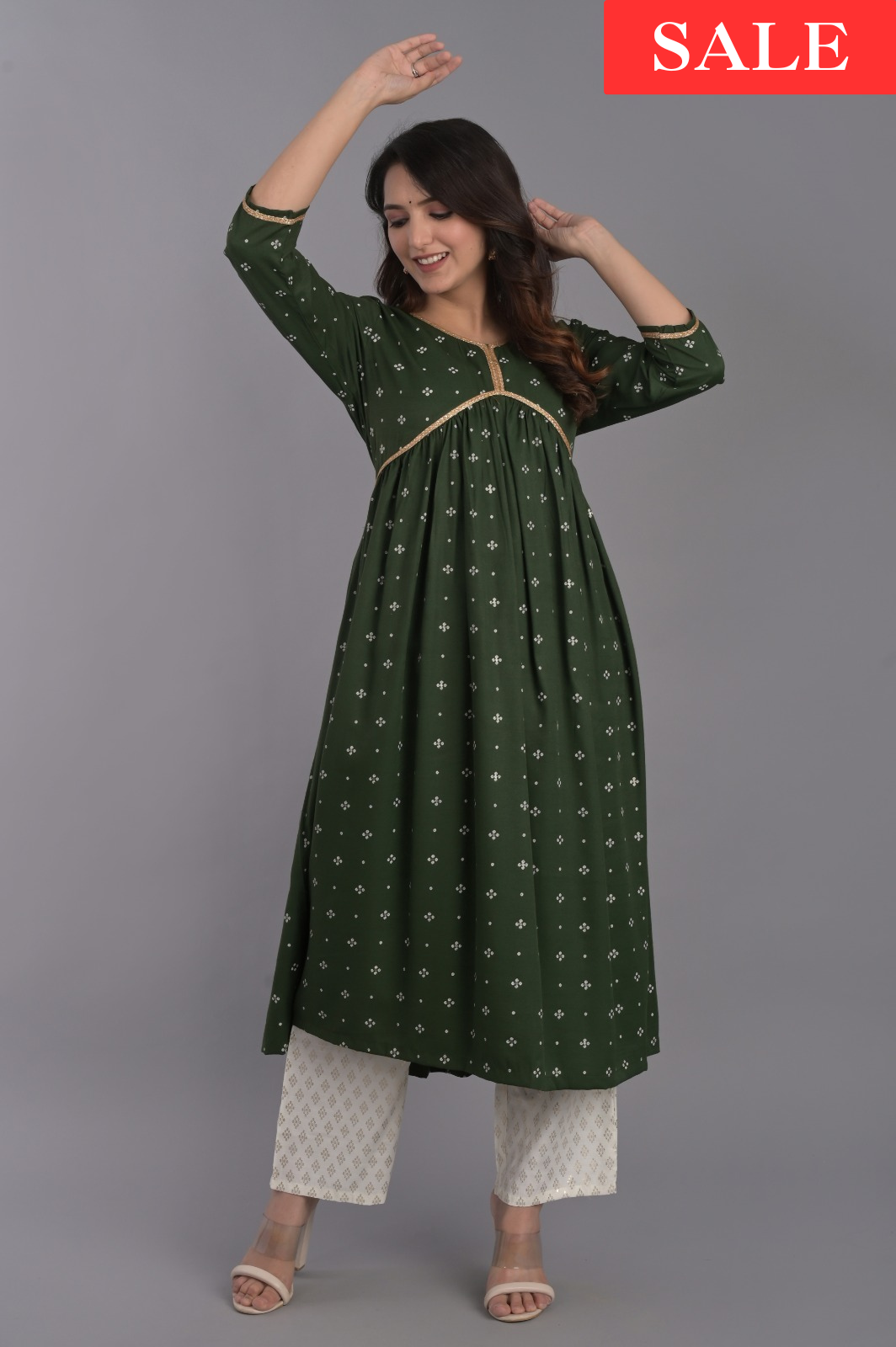 Green V-Neck Flared Kurta Set