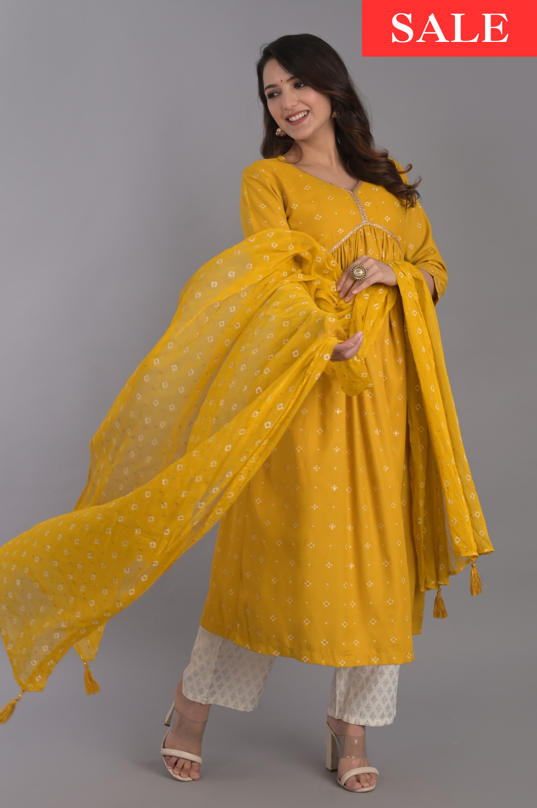 Yellow V-Neck Flared Kurta Set