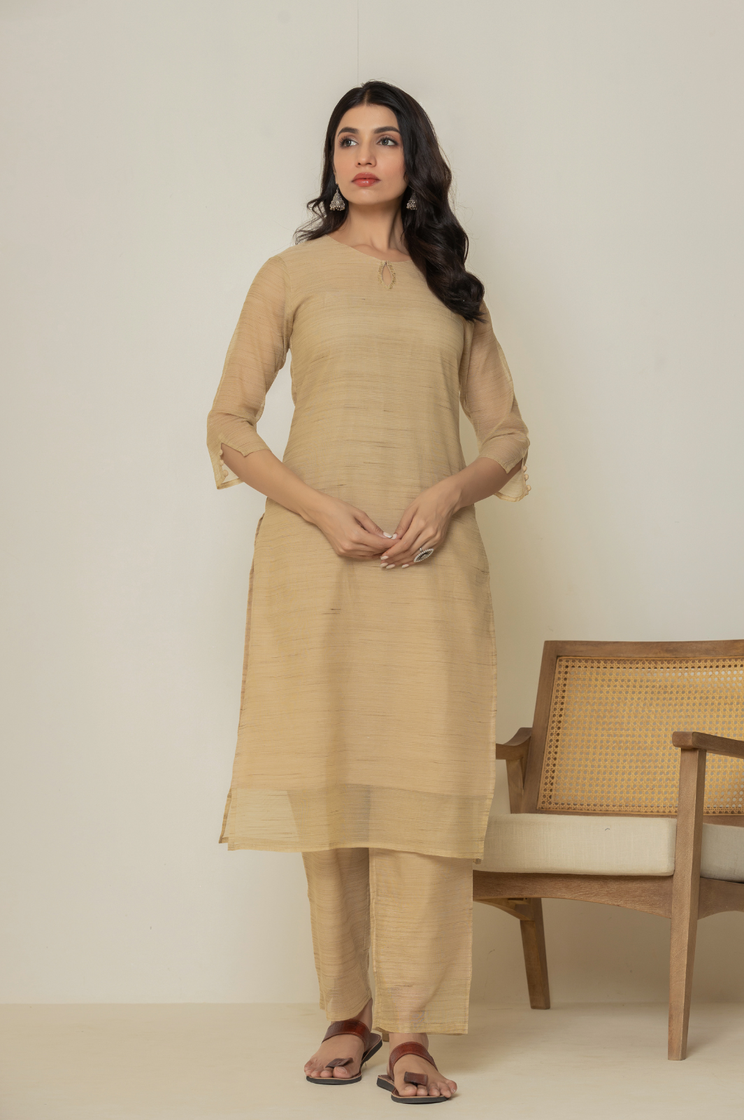 Cotton linen solid brown kurta set