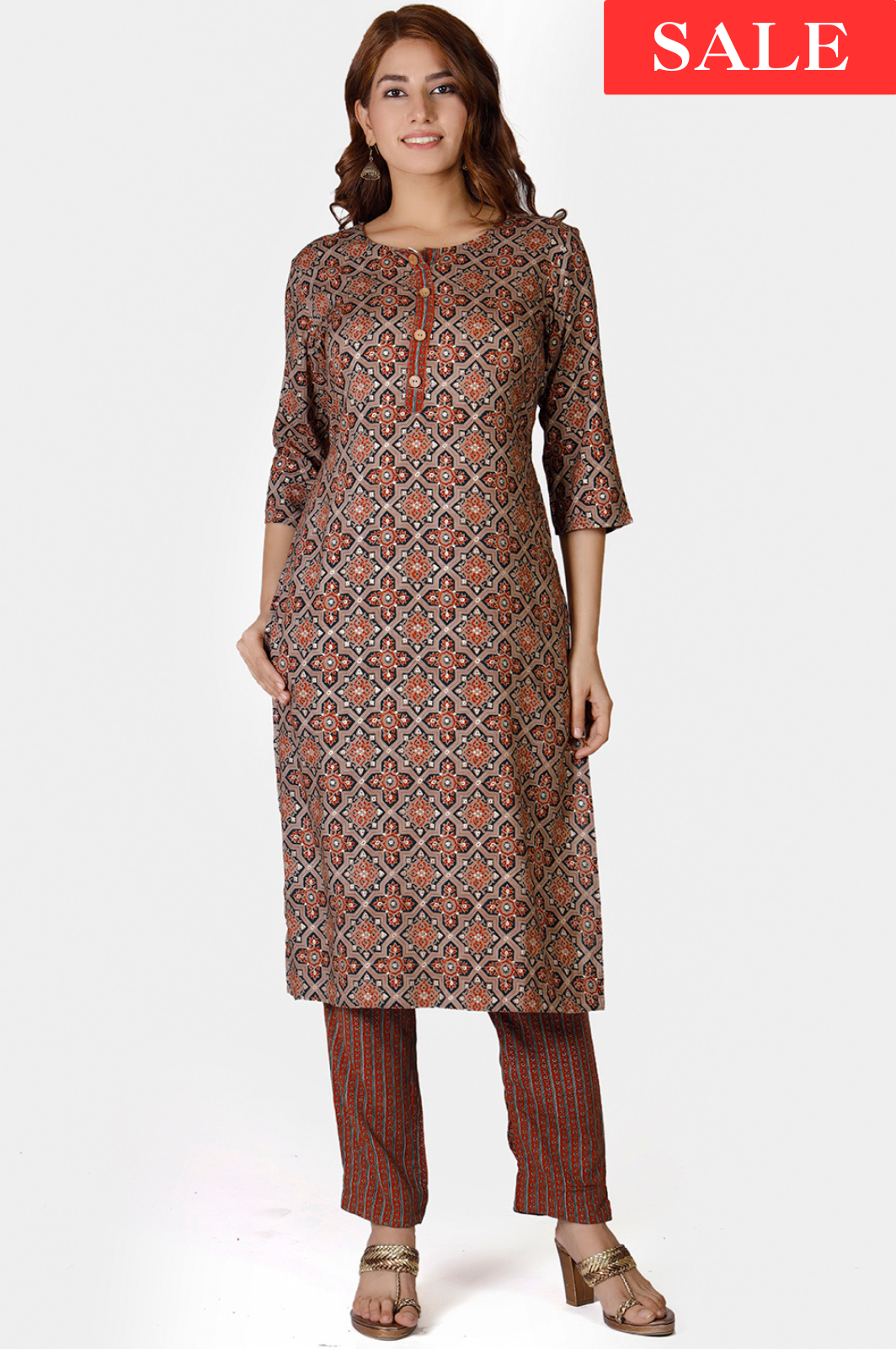 Ajrakh Printed Brown Kurta Set