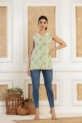 Floral printed Sleeveless green cotton top