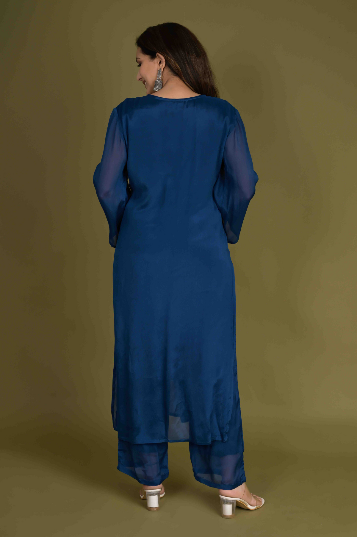 Gathered V-Neck Navy Blue Kurta Set