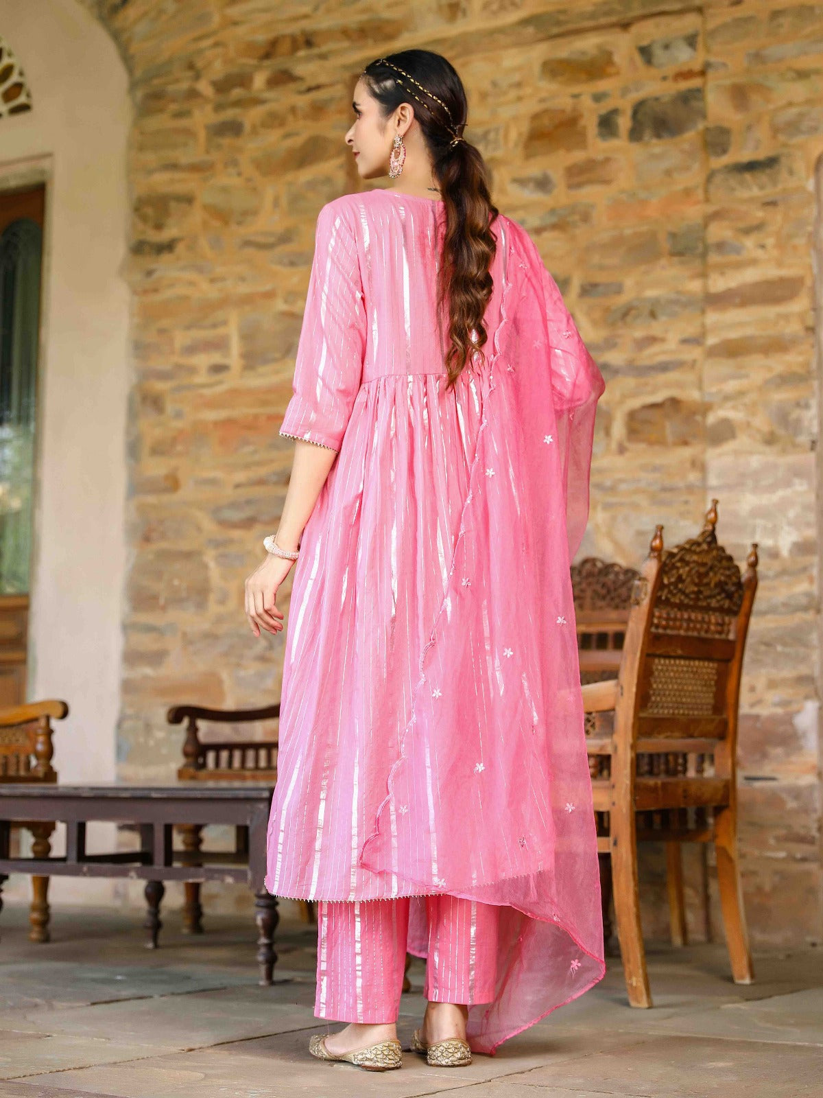 Pink Flared Kurta Set with Organza Dupatta