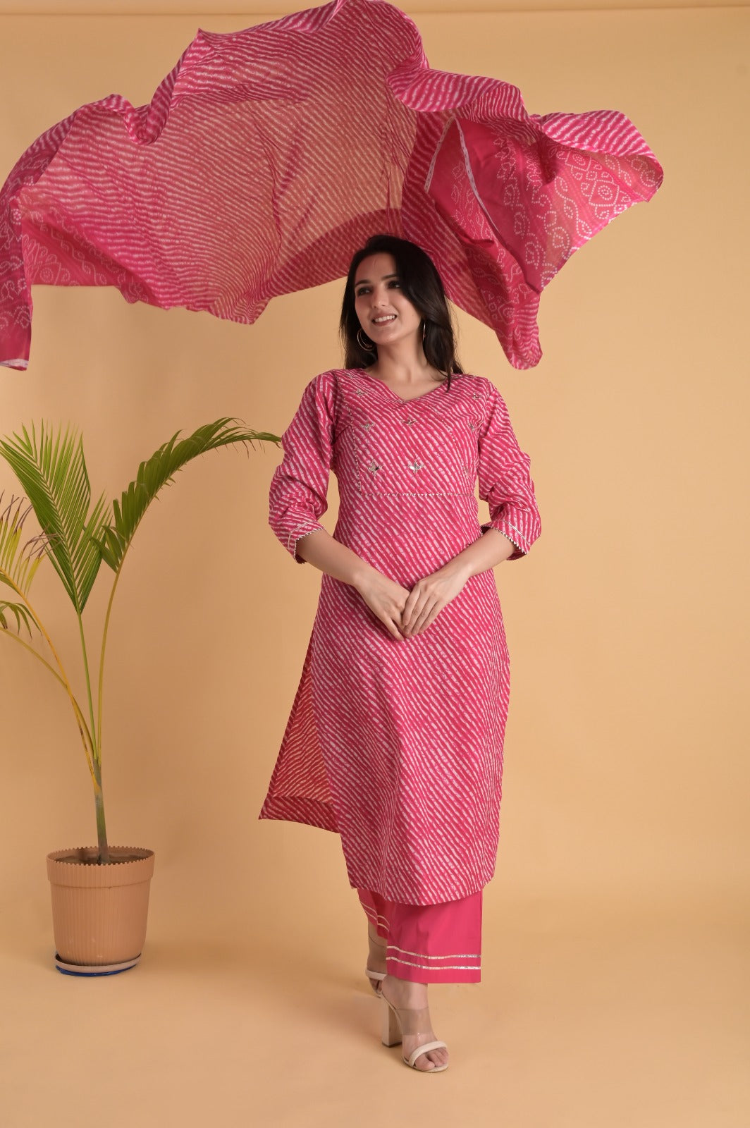 Pink Leheriya Kurta Set