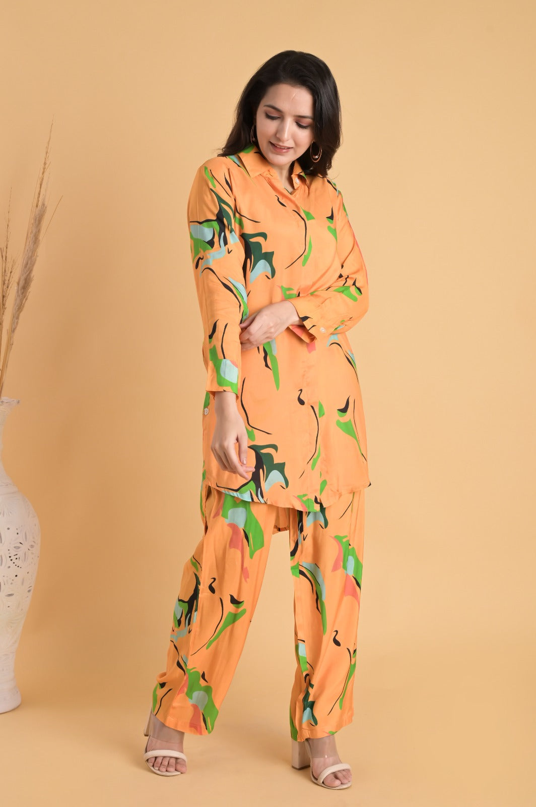 Floral Button Down Muslin Orange Co-ord Set