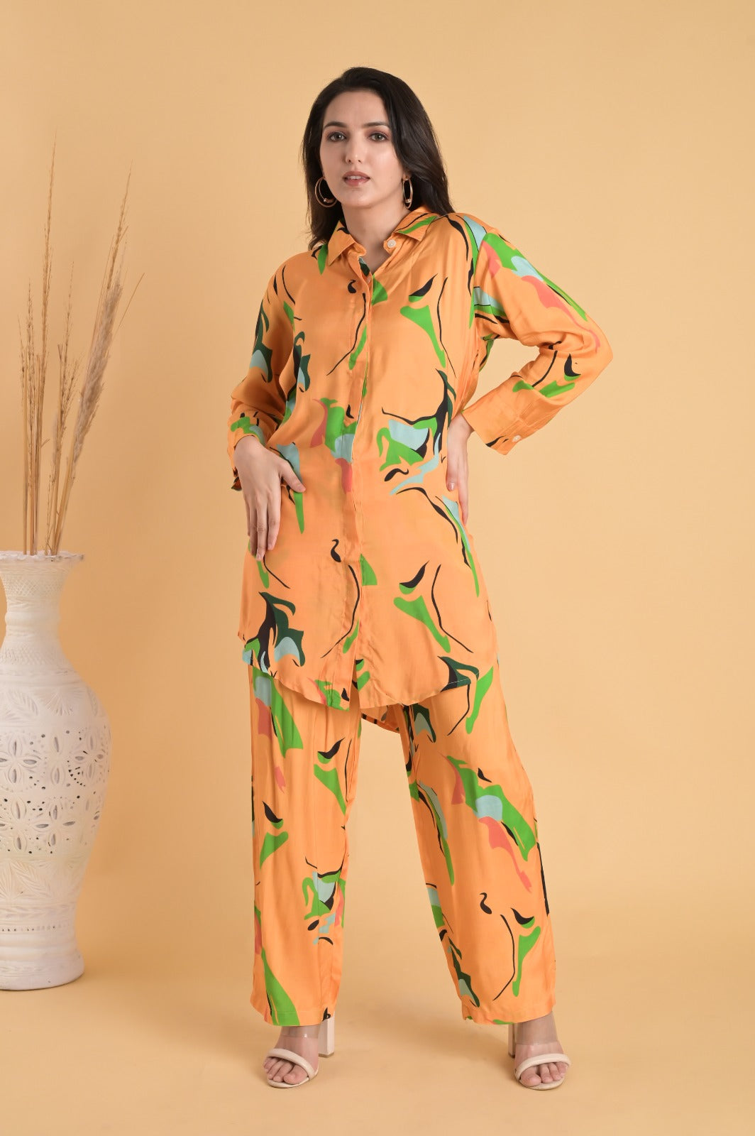 Floral Button Down Muslin Orange Co-ord Set