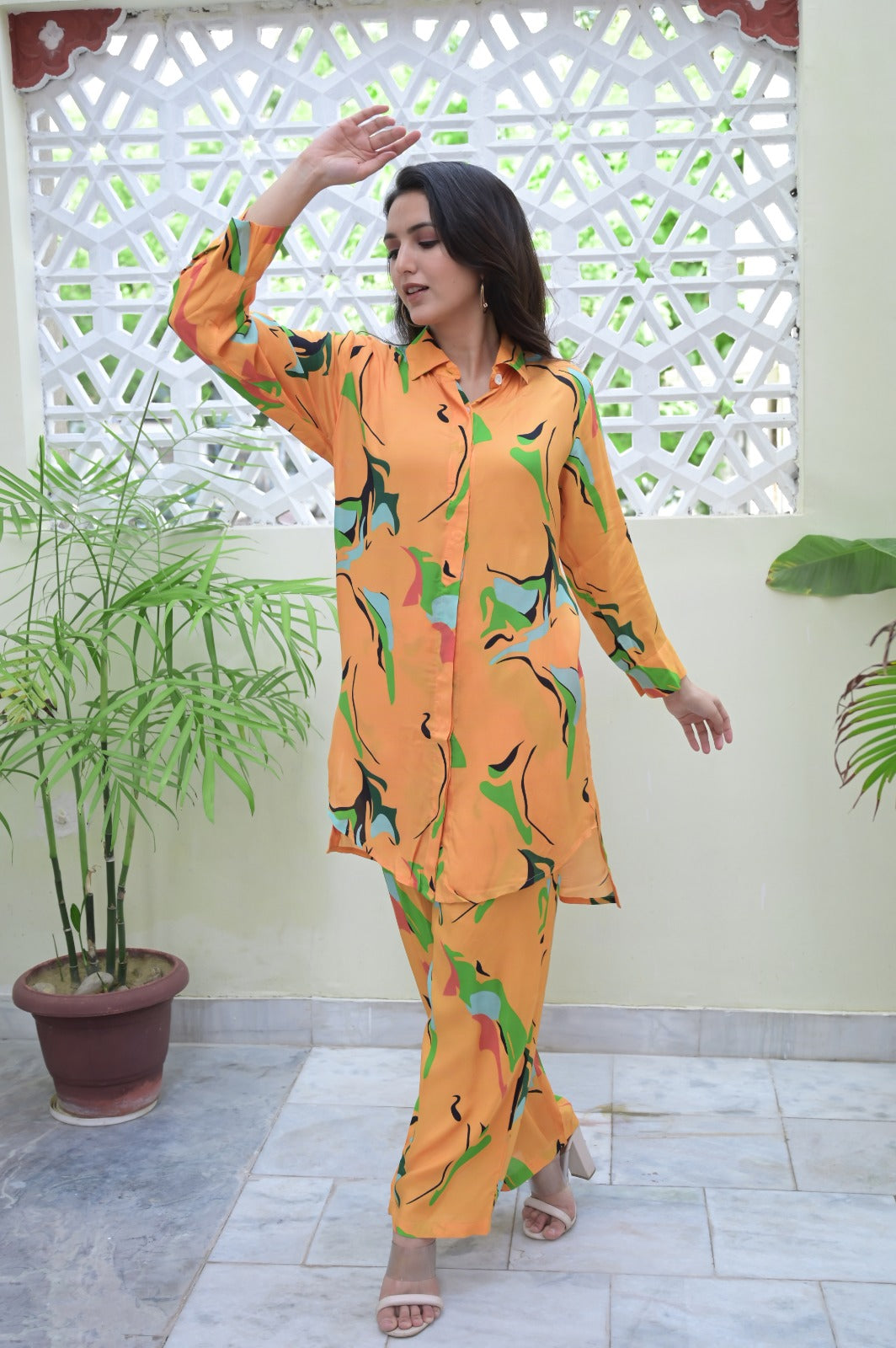 Floral Button Down Muslin Orange Co-ord Set