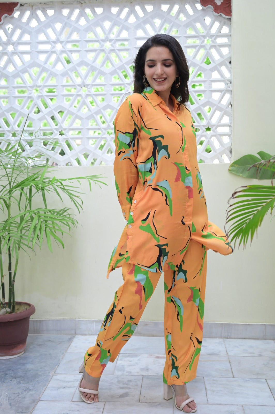 Floral Button Down Muslin Orange Co-ord Set