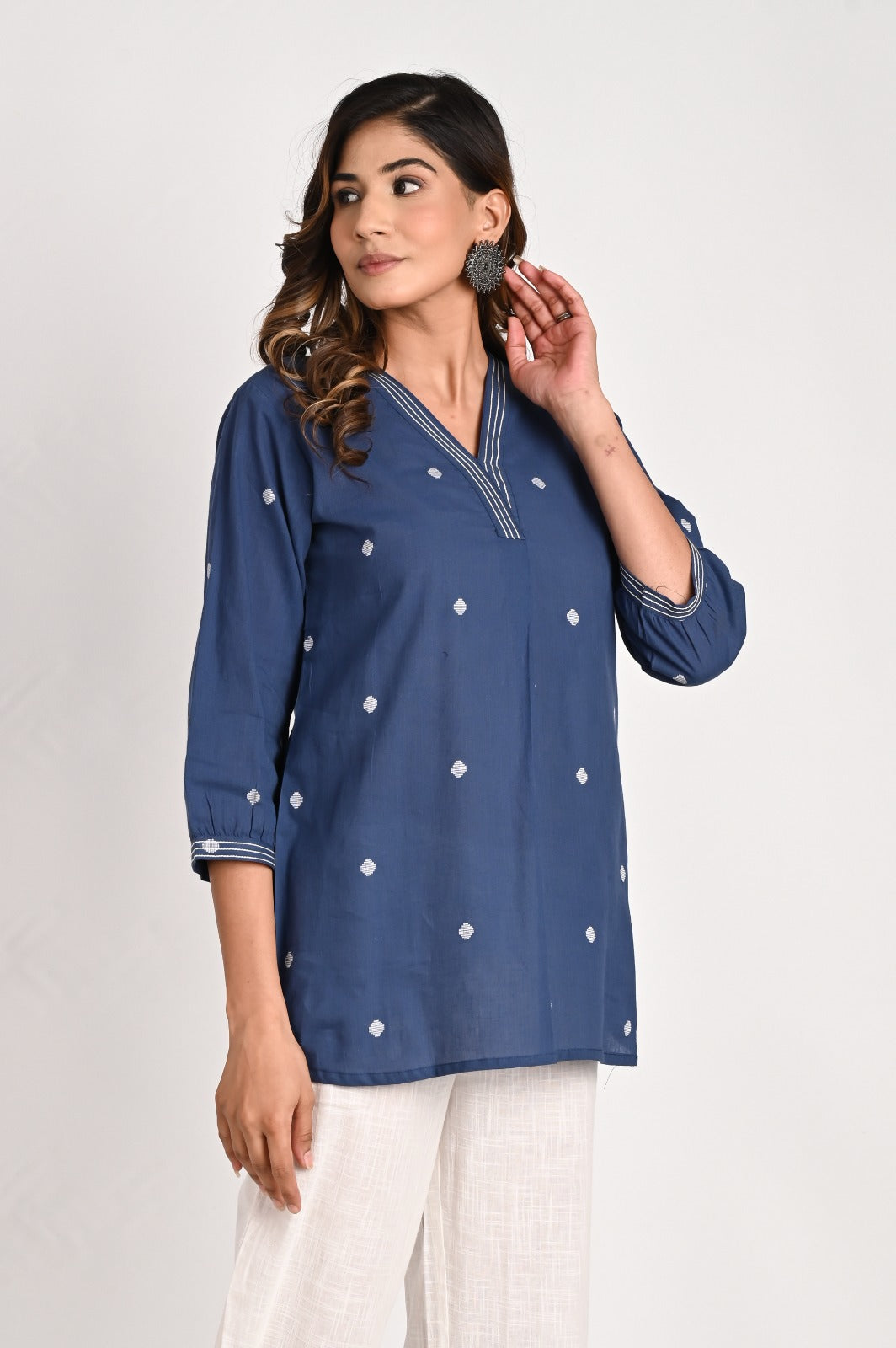 Self-textured Navy Blue Top