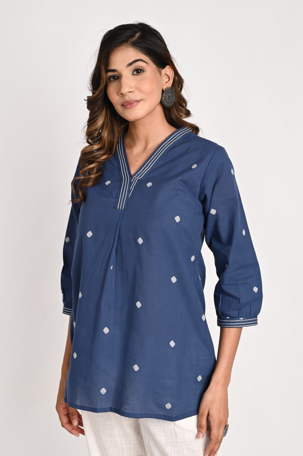 Self-textured Navy Blue Top