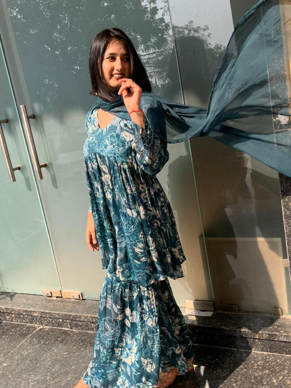 Floral Printed Blue Sharara Set