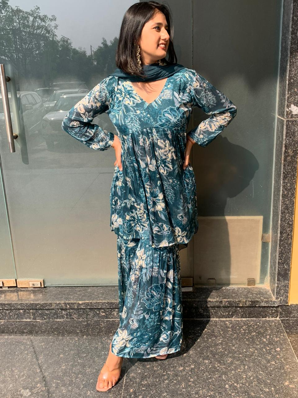 Floral Printed Blue Sharara Set