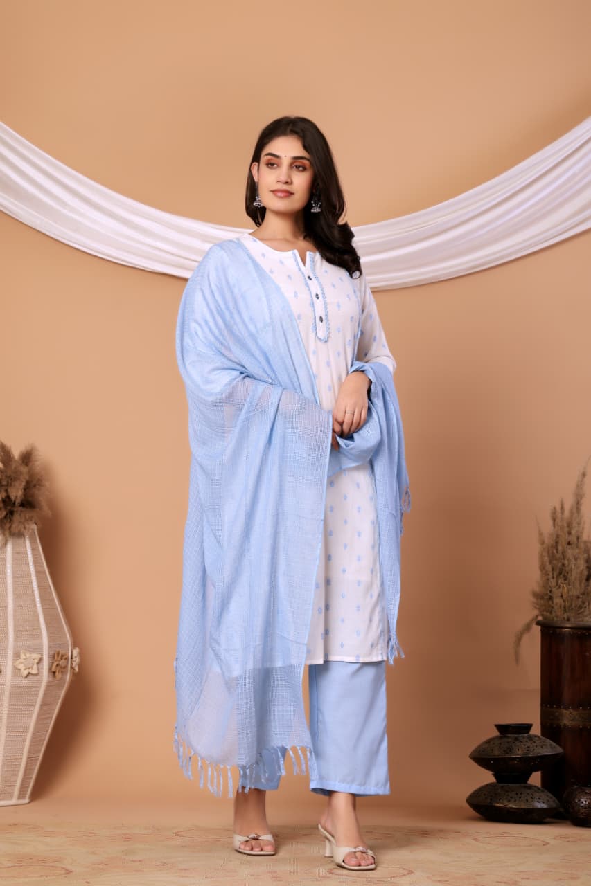 White Self design Cotton Kurta set with Blue Dupatta